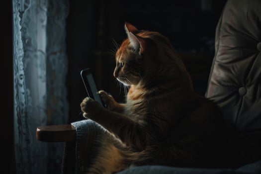 The cat is sitting on a chair and looks at a smartphone in a dark room. Pet social media feed photo