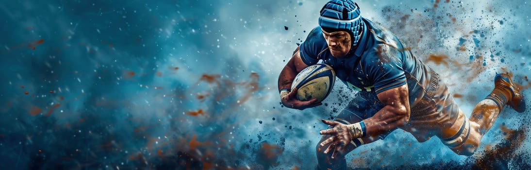 AI Generated Man rugby player holds ball on dark background. Sports banner. Horizontal copy space background photo