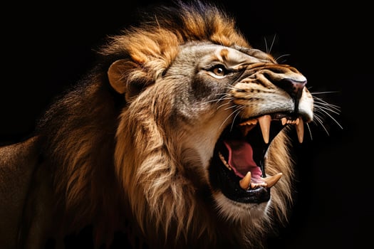 A lion with its mouth open wide, showcasing its impressive teeth and powerful roar. photo