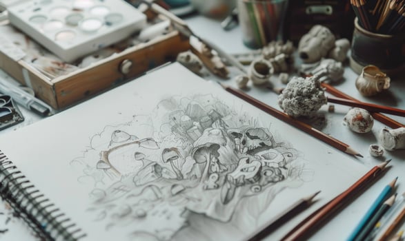 A sketchpad with pencil sketches and doodles scattered across its pages photo