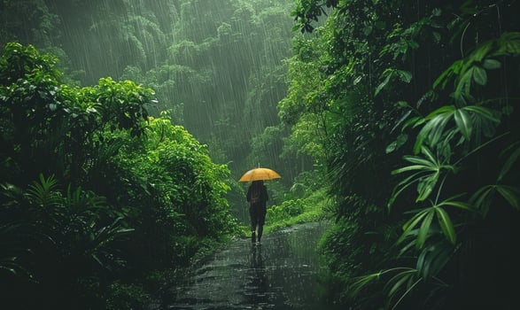 A person walking through a forest during a gentle rain photo