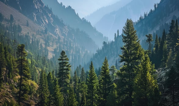 A picturesque mountain landscape with towering pine trees lining the rugged slopes photo