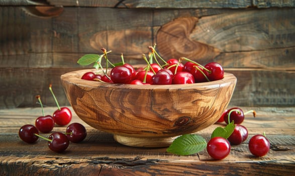 A rustic wooden bowl overflowing with ripe cherries photo