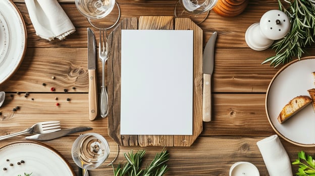 Table place setting blank menu card mockup or reserve in wedding invite and special event photo