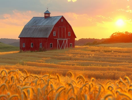 AI Generated Rustic barn in a golden field at sunset photo
