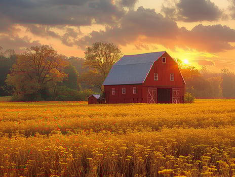 AI Generated Rustic barn in a golden field at sunset photo