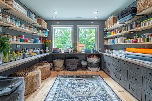 AI Generated Bright craft room with organized supplies and a large worktable photo