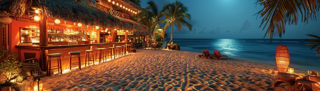 AI Generated Caribbean-inspired beach bar with thatched roofs and sand floors photo