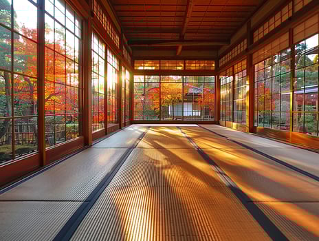 AI Generated Traditional Japanese tea room with tatami flooring and shoji screens photo