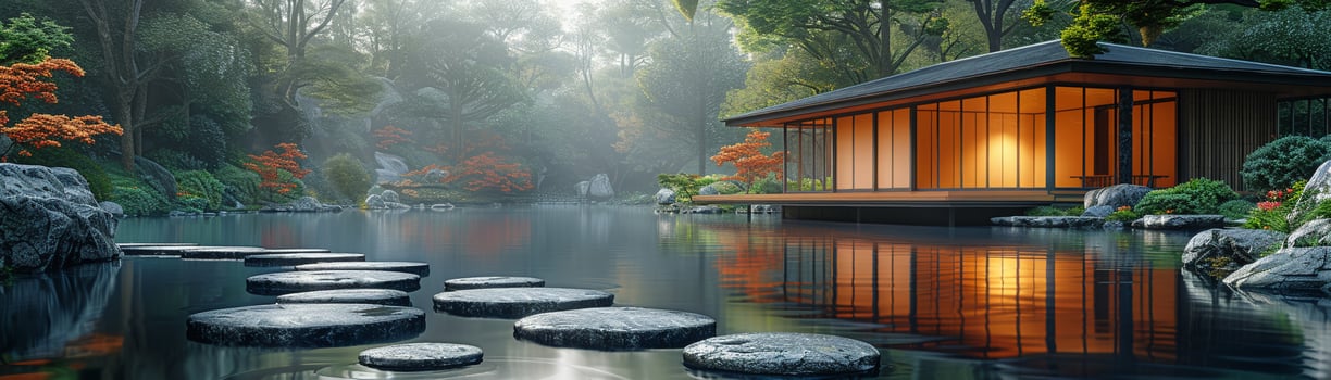 AI Generated Tranquil Japanese koi pond garden with stepping stones and traditional tea house. photo