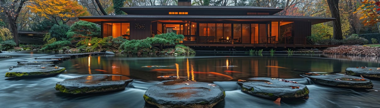 AI Generated Tranquil Japanese koi pond garden with stepping stones and traditional tea house. photo