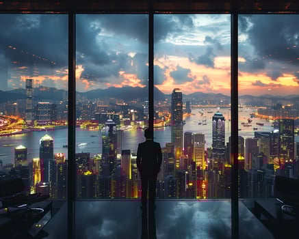 AI Generated Elegant Executive Making Decisions in a High-End Office Surrounded by panoramic city views photo