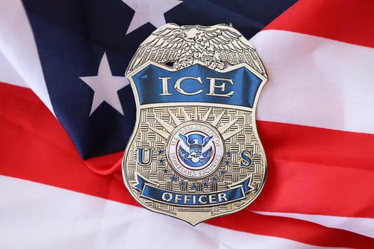 KYIV, UKRAINE - MARCH 9, 2024 US ICE Officer badge on United States of America flag photo