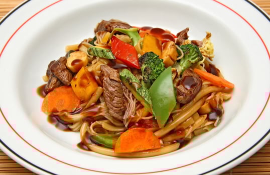 Beef yakisoba with noodles, vegetables and sauce photo