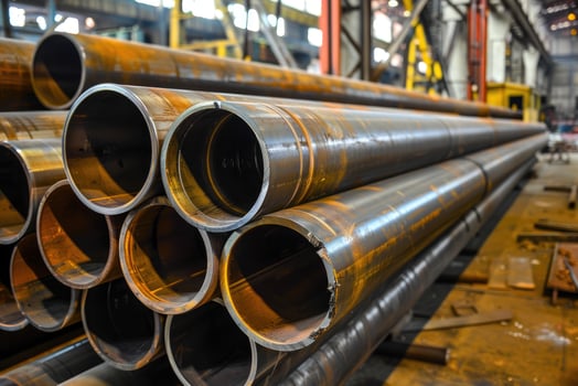 Steel pipes inside the factory or warehouse. Industrial production photo