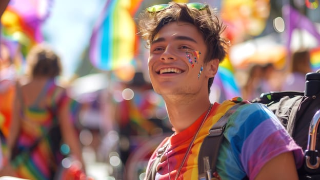a young disabled man wearing a rainbow colored Shirt at a pride parade, celebrate pride month, love wins photo