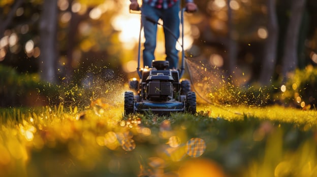 AI generated Man Mowing Grass With Lawnmower photo