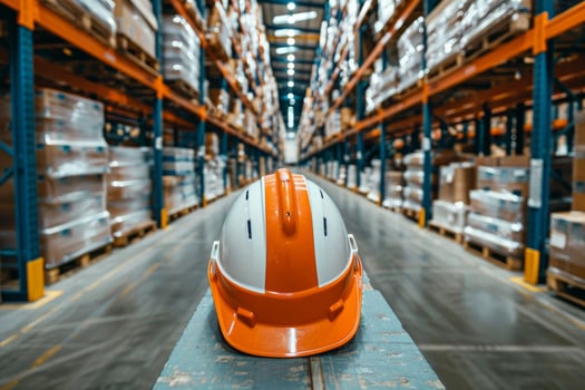 AI generated Orange Safety Helmet on Pallet in Warehouse photo