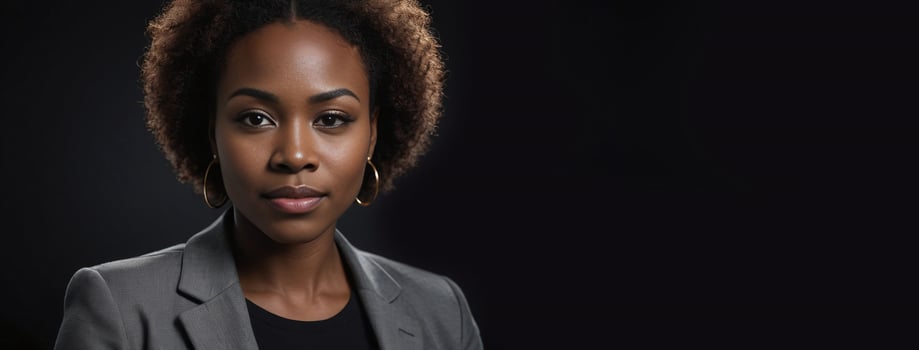 African American 2530 Years Woman Isolated On A Black Background With Copy Space. photo