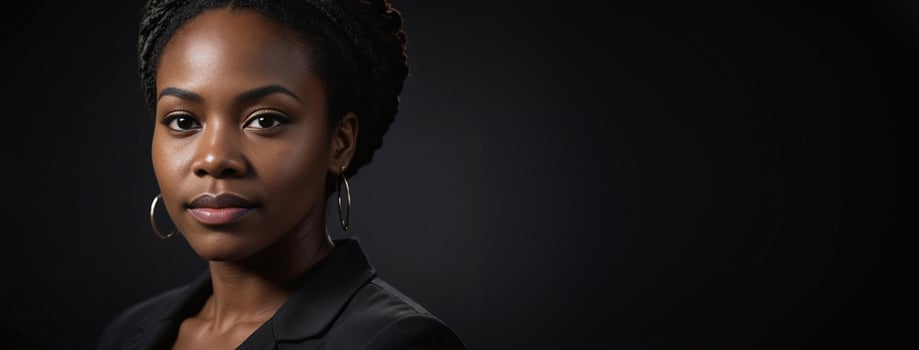 African American 3035 Woman Isolated On A Black Background With Copy Space. photo