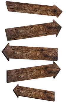 Brown wooden arrows with different directions on isolated background photo