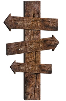 Brown wooden arrows with different directions on isolated background photo
