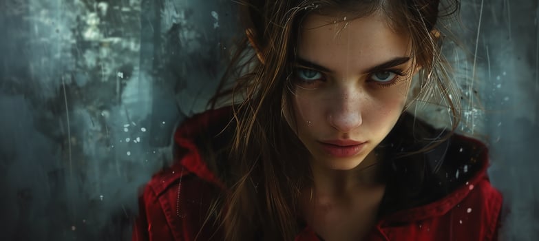 AI Generated Portrait of beautiful vampire young woman with red eyes. photo