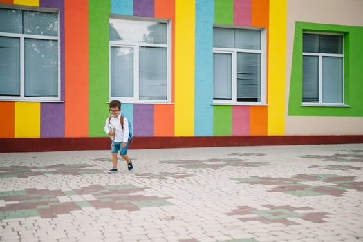 Back to school. Happy smiling boy in glasses is going to school for the first time. Child with backpack and book outdoors. Beginning of lessons. First day of fall. photo
