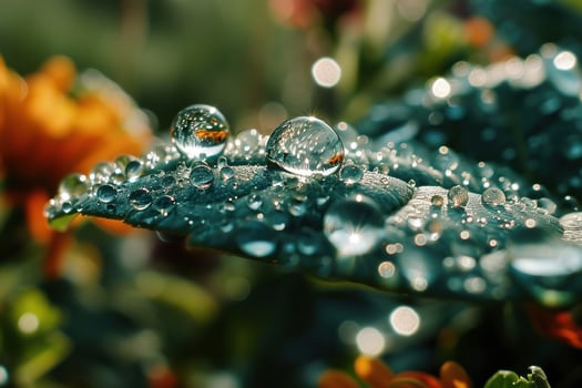 Large drop of water on a leaf on a blurred bokeh background. Generated by artificial intelligence photo