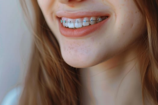 AI generated Smile with Braces Orthodontic Treatment. Dental care concept. beautiful Woman healthy Smile close up. Closeup ceramic and metal Brackets on Teeth. Beautiful female photo
