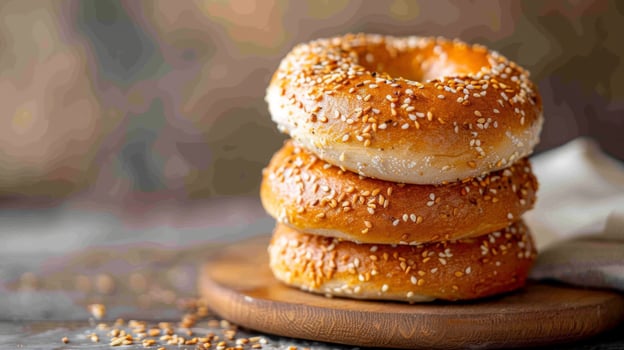 Golden brown bagels with sesame seeds stacked on a wooden board photo