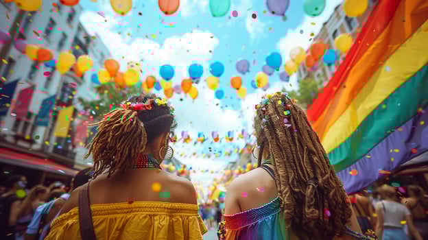 Back view of people with LGBT and flags parade on the street, festive happy day, photo