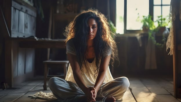 Woman in depression with bewildered thoughts in her mind. Depression, loneliness and mental health concept. photo