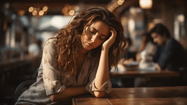 Mental health concept. Woman in depression with bewildered thoughts in her mind. Psychotherapy and mental issues concept. photo