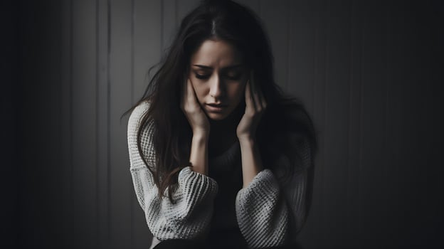 Woman in depression with bewildered thoughts in her mind. Depression, loneliness and mental health concept. photo