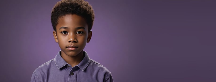 An African American Kinfolk Boy Isolated On A Amethyst Background With Copy Space. photo