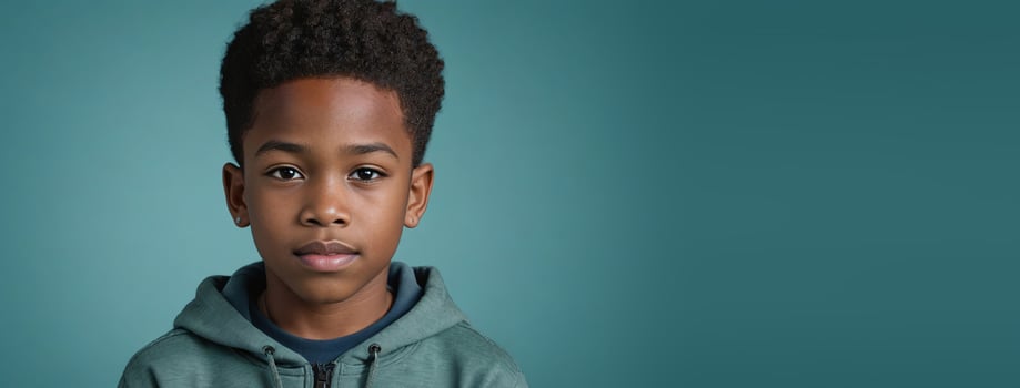 An African American Juvenile Boy Isolated On A Teal Background With Copy Space. photo