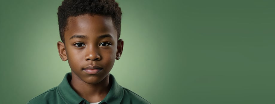 An African American Juvenile Boy Isolated On A Green Background With Copy Space. photo