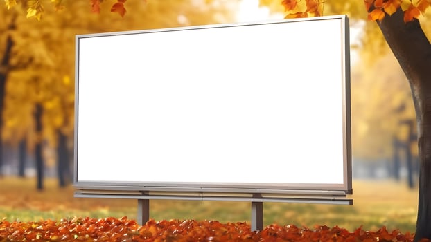 Blank horizontal billboard for advertising on blurred autumn garden background photo