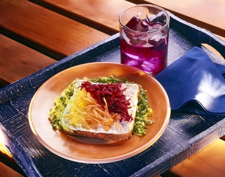 vegan sandwich with grape juice on tray photo