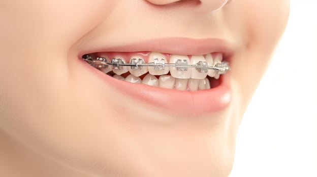 braces on teeth Beautiful red lips and white teeth with metal braces. A girl's smile. photo