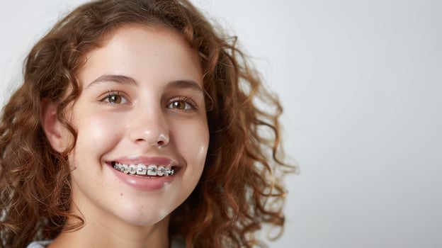 braces on teeth Beautiful red lips and white teeth with metal braces. A girl's smile. photo