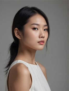 Beautiful young asian woman with clean fresh skin, on gray background photo