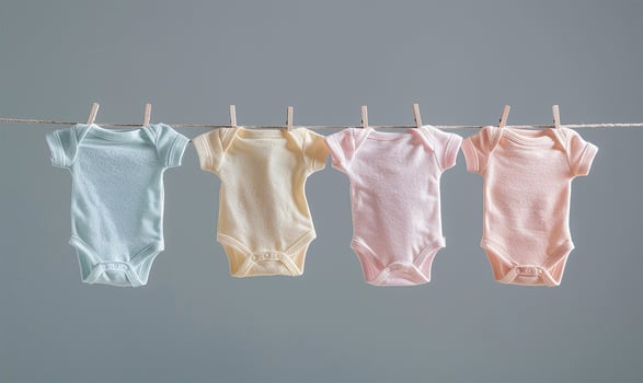 Pastel baby clothes on line, gray backdrop photo