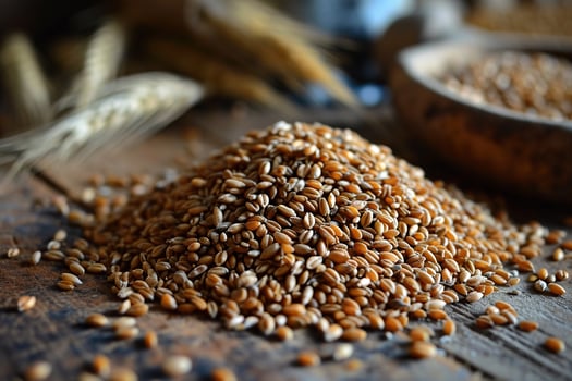 A pile of ripe dry grain on a wooden surface. Cereal harvest concept. Grain shortage. photo