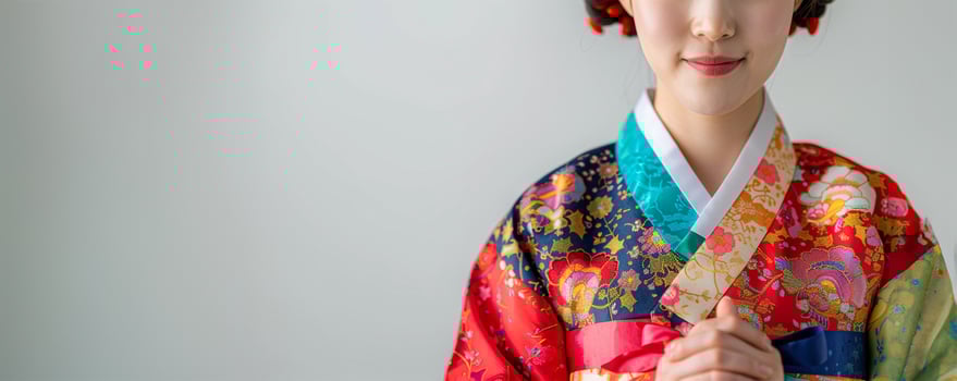 Woman in traditional dress, hands together, white backdrop photo