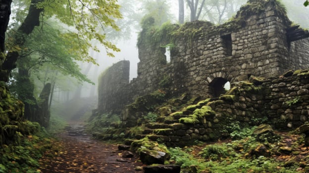 Fort from antiquity shrouded in misty woods photo