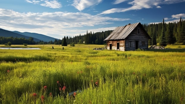 Meadow wooden cottage weathered photo