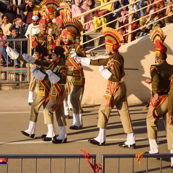 Wagah Border, Amritsar, Punjab, India, 02 February 2024 - Flag ceremony by Border Security Force BSF guards at India-Pakistan border near Attari Amritsar, Punjab, India held every day evening time photo