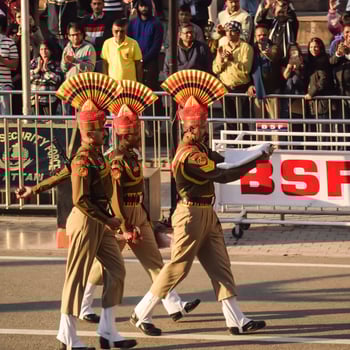 Wagah Border, Amritsar, Punjab, India, 02 February 2024 - Flag ceremony by Border Security Force BSF guards at India-Pakistan border near Attari Amritsar, Punjab, India held every day evening time photo